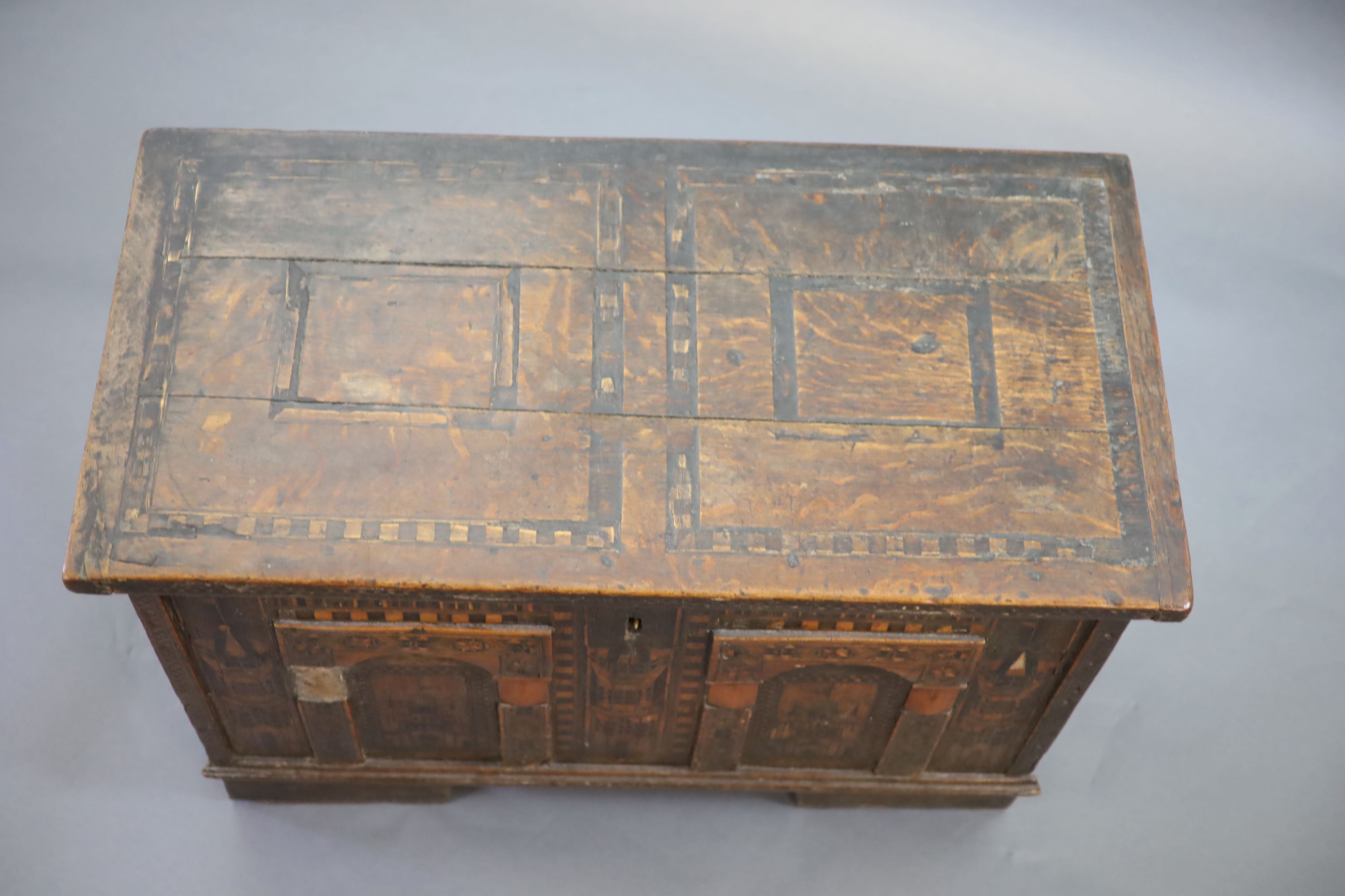 A late 16th century Anglo-German ‘Nonesuch’ chest, 95cm wide, 49cm deep, 65cm high